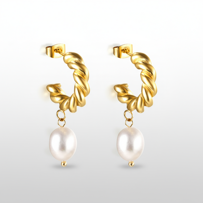 Twisted Hoop Pearl Drop Earrings | 18K Gold Plated Tarnish-Free Dangles