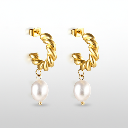Twisted Hoop Pearl Drop Earrings | 18K Gold Plated Tarnish-Free Dangles