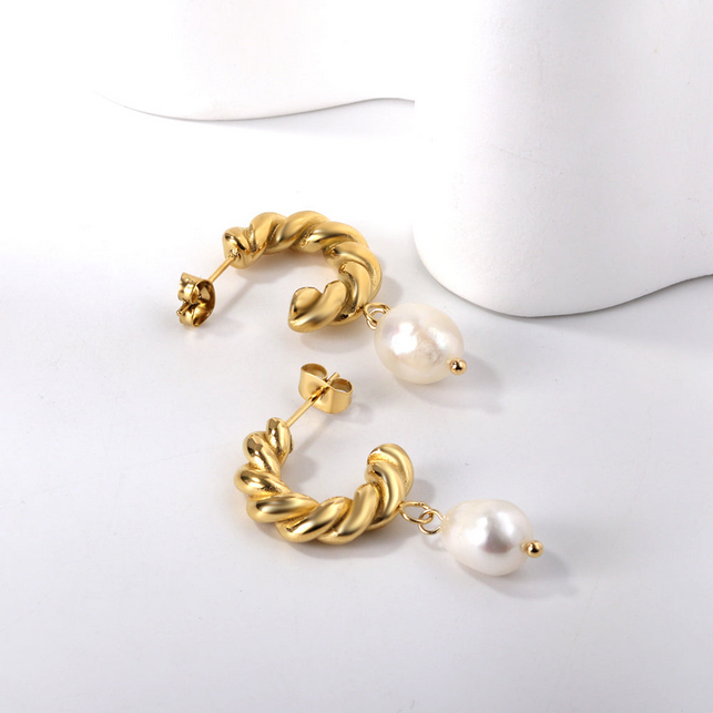 Twisted Hoop Pearl Drop Earrings | 18K Gold Plated Tarnish-Free Dangles